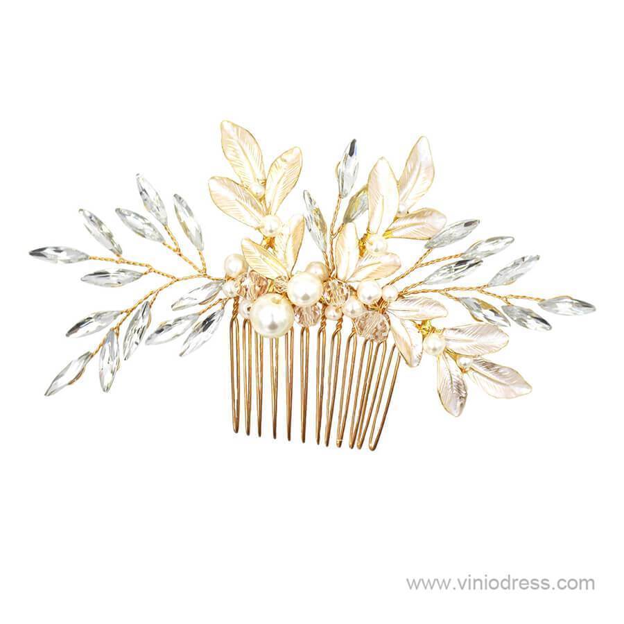 Gold Crystals Pearls Hairpins and Combs Viniodress ACC1134-Headpieces-Viniodress-Comb-Viniodress