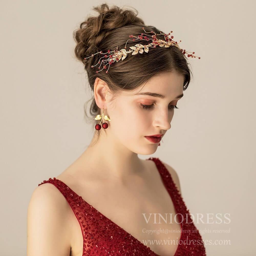 Gold Leaf and Burgundy Stone Spray Hair Vine AC1200-Headpieces-Viniodress-Headband-Viniodress