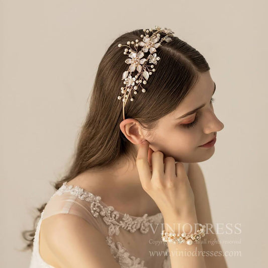 Gold Ornate Headband with Leaf and Pearl AC1116-Headpieces 2025 -Viniodress-Headband-