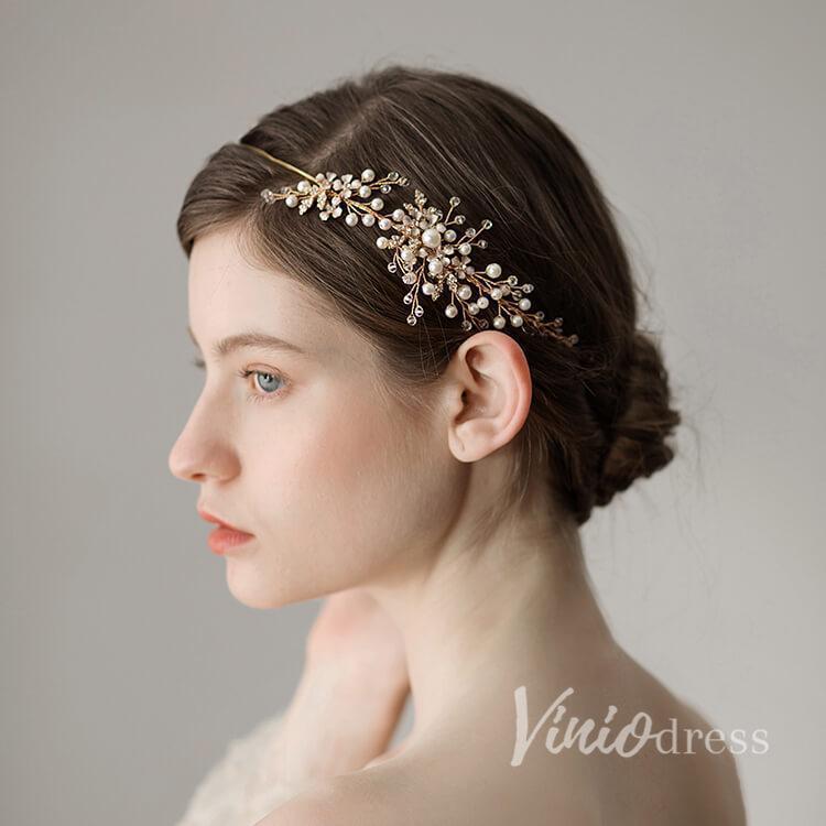 Gold Pearls Bridal Headbands Viniodress AC1084-Headpieces-Viniodress-Gold-Viniodress