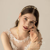 Gold Pearls Headband with Waterfall Strings AC1104-Headpieces-Viniodress-Headband-Viniodress