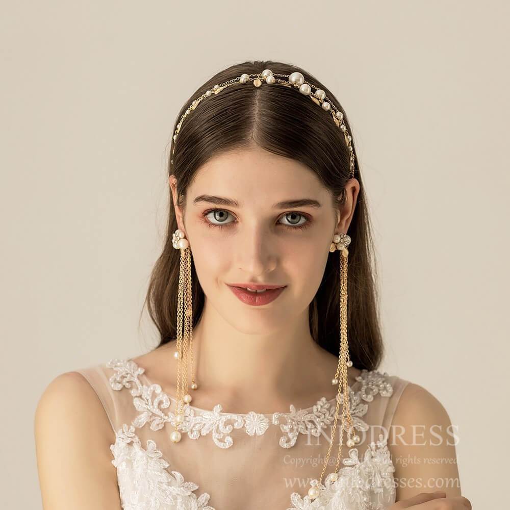 Gold Pearls Headband with Waterfall Strings AC1104-Headpieces-Viniodress-Headband-Viniodress