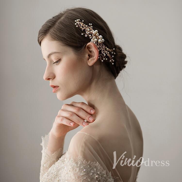 Gold Sprig Bridal Comb with Crystals and Pearls Viniodress ACC1108-Headpieces-Viniodress-Gold-Viniodress