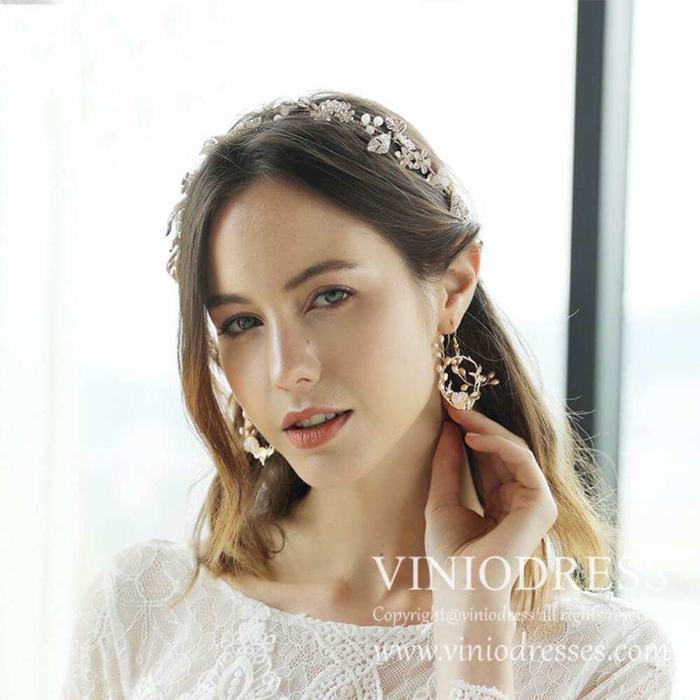 Gold Vintage Hoop Earrings with Pearls AC1040-Bridal Jewelry-Viniodress-Earrings-Viniodress