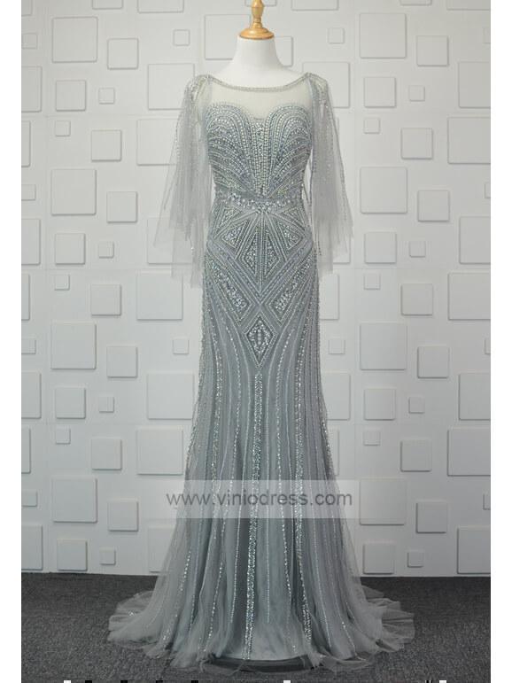 Grey Beaded Prom Dresses with Sleeves FD1432-prom dresses-Viniodress-Grey-Custom Size-Viniodress