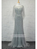 Grey Beaded Prom Dresses with Sleeves FD1432