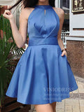 Halter Open Back Cocktail Dress Satin Homecoming Dresses with Pockets SD1267