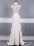 Halter Pearl Pink Long Prom Dresses Beaded Sheath Evening Dress FD2508
