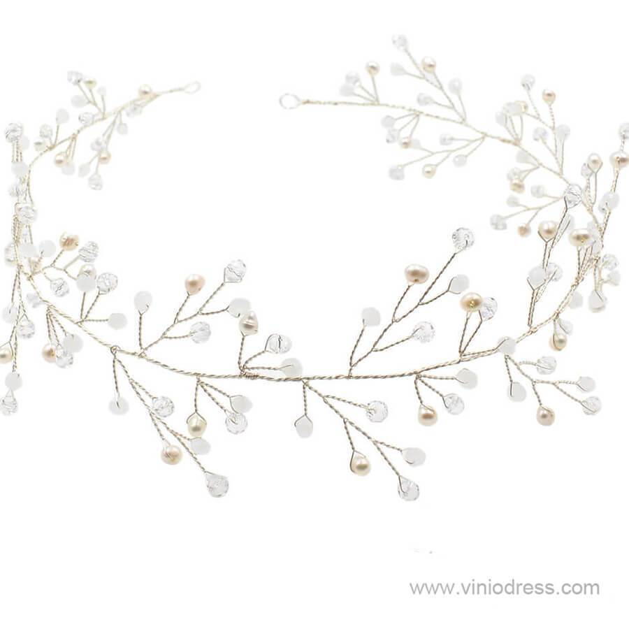 Hand-wired Silver Sprig Headband with Crystals ACC1100-Headpieces-Viniodress-Silver-Viniodress