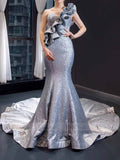 Haute Couture Grey Mermaid Prom Dresses Sequin Pageant Dress FD1598