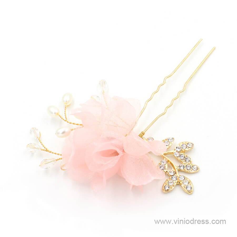 Ivory 3D Flower Gold Hairpin Pink Hairpins AC1211-Headpieces-Viniodress-Pink-Viniodress