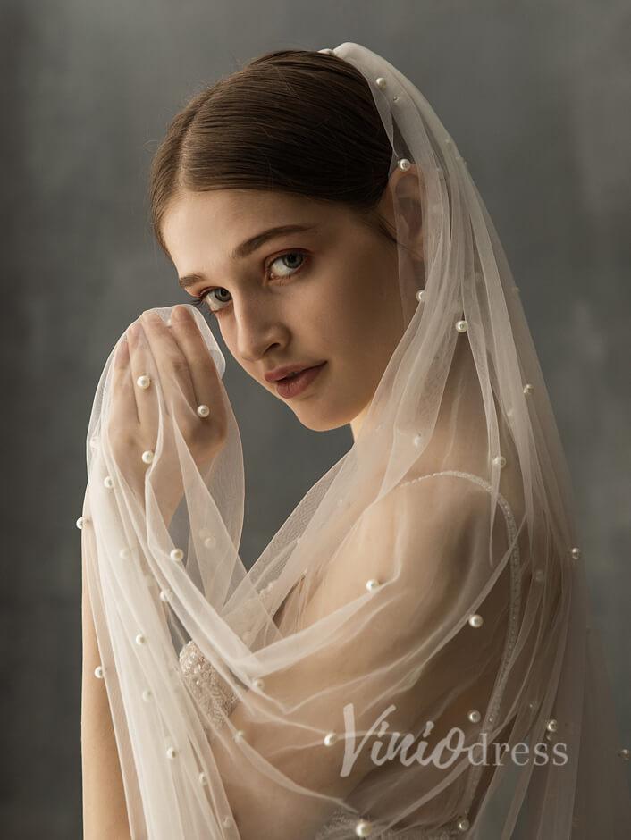 Ivory White Chapel Bridal Veils with Pearls AC1008-Veils-Viniodress-Ivory-Elbow Length-Viniodress