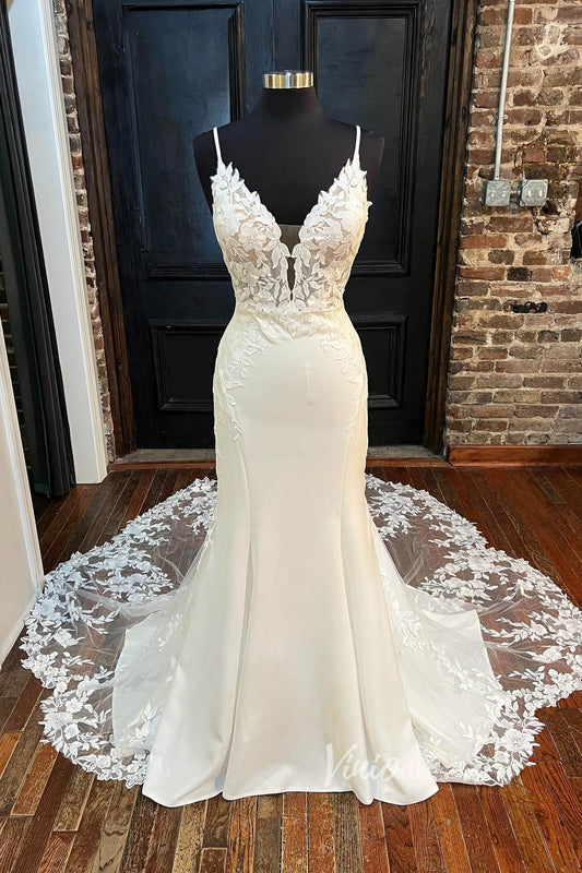 Lace Applique Wedding Dresses Mermaid Boho Wedding Dress VW2155-wedding dresses 2025 -Viniodress-Ivory-Custom Size-