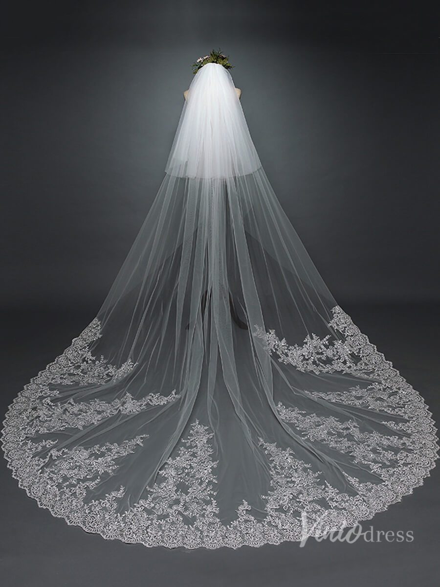 Lace Appliqued Cathedral Veil with Blusher Viniodress TS17101-Veils-Viniodress-Ivory-Viniodress