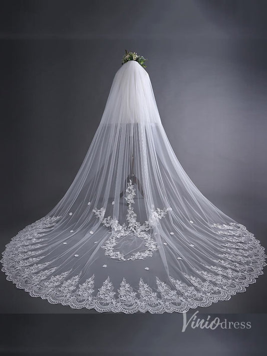 Lace Appliqued Cathedral Veil with Blusher Viniodress TS17135-Bridal Veil 2025 -Viniodress-Ivory-