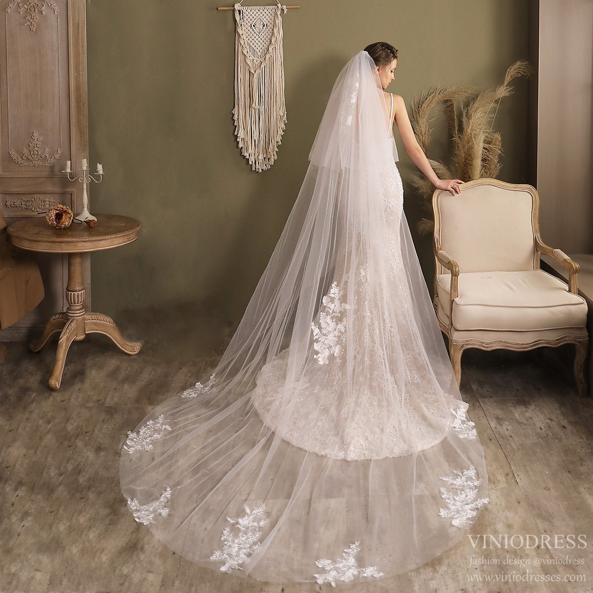 Lace Appliqued Cathedral Veil with Blusher-Accessories 2025 -Viniodress-Ivory-