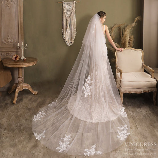Lace Appliqued Cathedral Veil with Blusher-Accessories 2025 -Viniodress-Ivory-