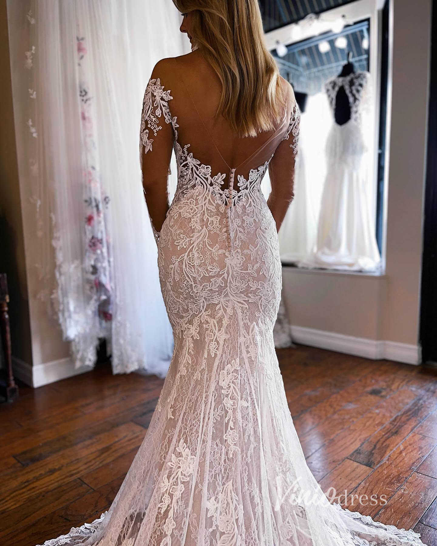 Lace Appliquéd Mermaid Wedding Dress | Off-the-Shoulder Long Sleeve Gown with Plunging V Sweetheart & Cathedral Train VW2117-wedding dresses 2025 -Viniodress-Champagne-Custom Size-