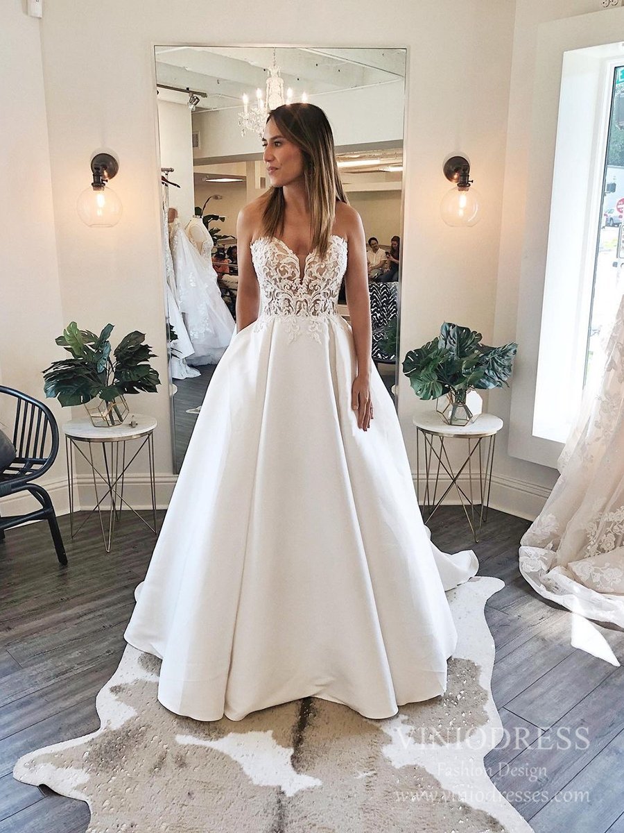 Lace Sweetheart Satin Wedding Dresses with Pockets VW1847-wedding dresses-Viniodress-Ivory-Custom Size-Viniodress