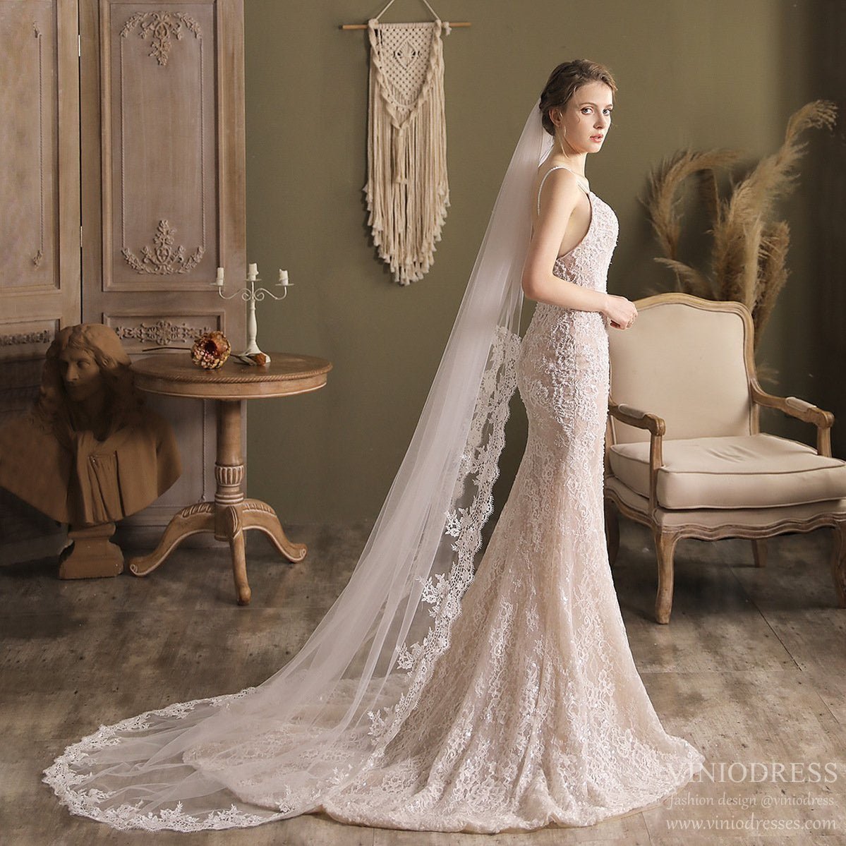 Lacy Chapel Length Bridal Veil-Accessories 2025 -Viniodress-Ivory-