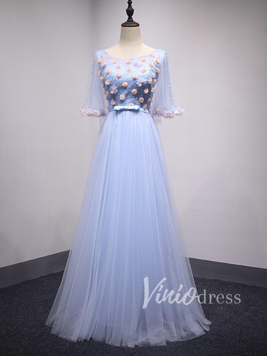 Light Blue Floral Prom Dresses with Sleeves FD1522-prom dresses-Viniodress-Light Blue-Custom Size-Viniodress