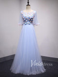 Light Blue Floral Prom Dresses with Sleeves FD1522