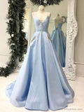 Light Blue Simple Long Prom Dresses with Pockets Cheap Formal Gown FD1256