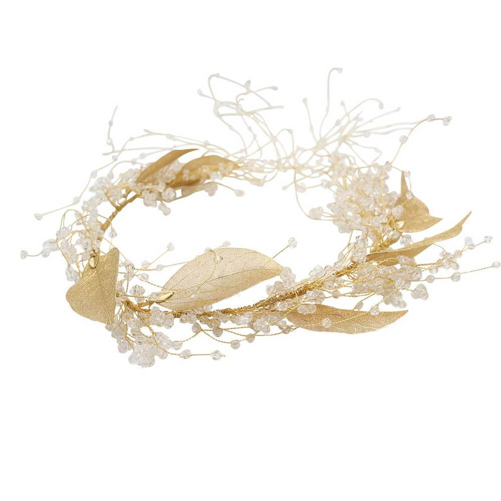 Light Gold Leaf and Crystal Hair Vine AC1108-Headpieces-Viniodress-Headband-Viniodress