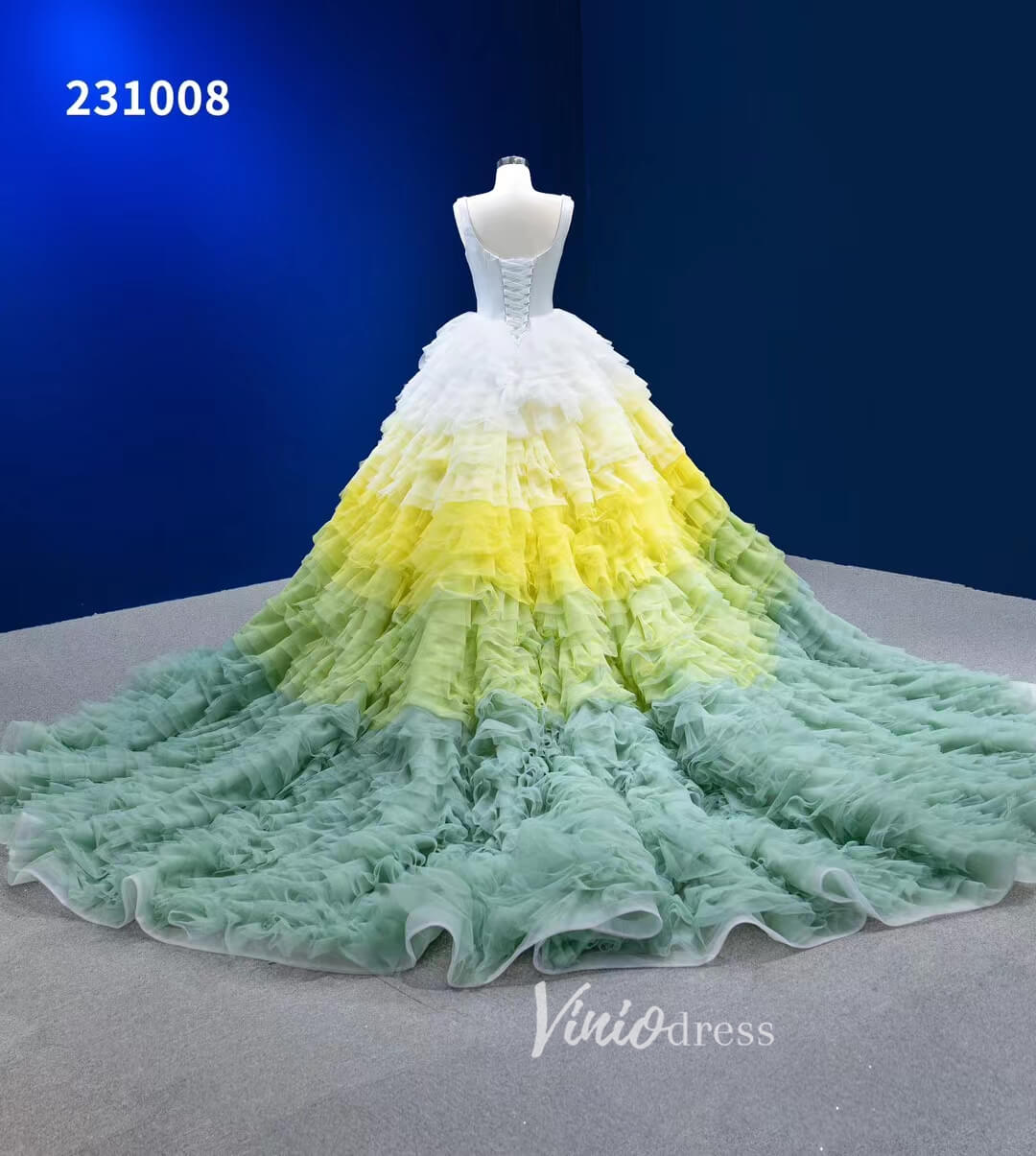 Light Green Yellow Gradient Ruffle Wedding Dress Layered Ball Gowns 23 – Viniodress