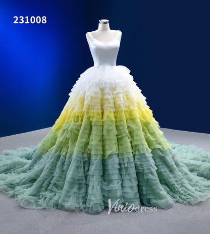 Light Green Yellow Gradient Ruffle Wedding Dress Layered Ball Gowns 23 – Viniodress