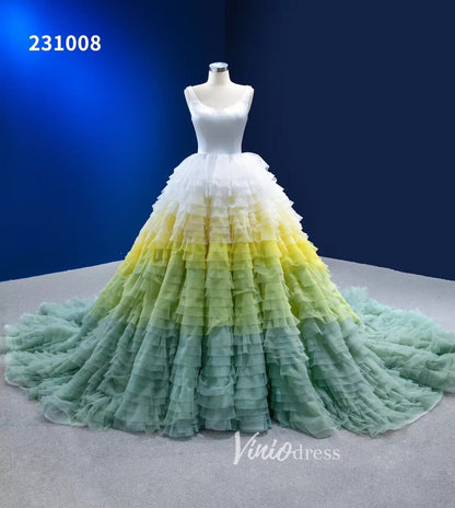 Light Green Yellow Gradient Ruffle Wedding Dress Layered Ball Gowns 23 – Viniodress