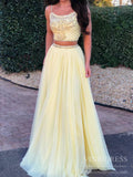Light Yellow Tulle Prom Dresses Rhineston Beaded Two Piece Prom Dress FD2052