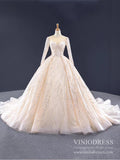 Long Sleeve Beaded Champagne Ball Gown Wedding Dresses 2020 VW1533