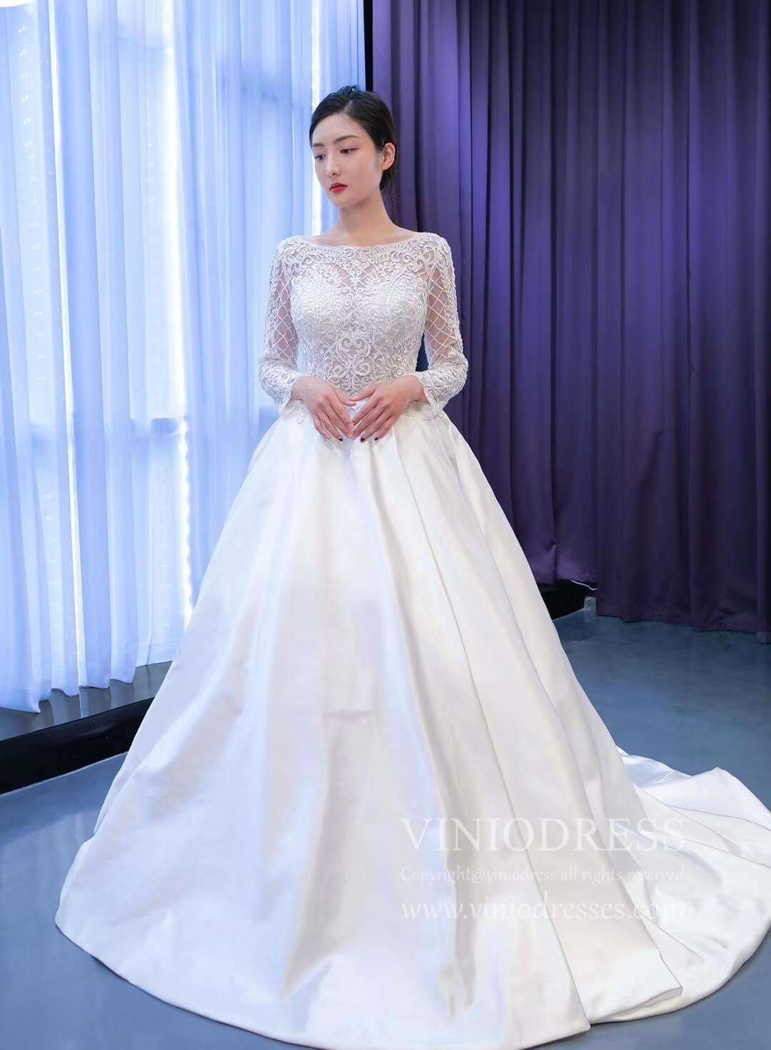 Long Sleeve Beaded Satin Wedding Dresses with Slit 67292-wedding dresses-Viniodress-Ivory-Custom Size-Viniodress