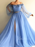 Long Sleeve Dusty Blue Prom Dresses with Side Slit FD1534