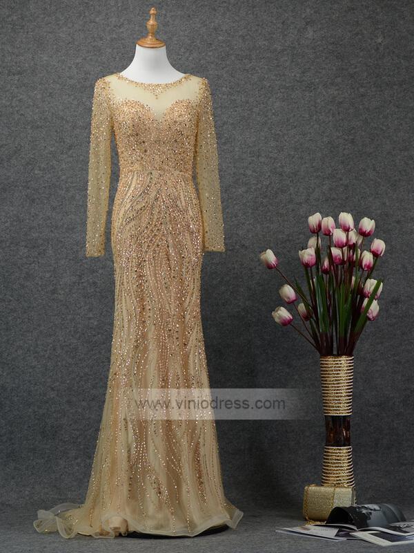 Long Sleeve Gold Prom Dresses Sparkling Pageant Dress FD1441-prom dresses-Viniodress-Gold-Custom Size-Viniodress