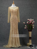 Long Sleeve Gold Prom Dresses Sparkling Pageant Dress FD1441