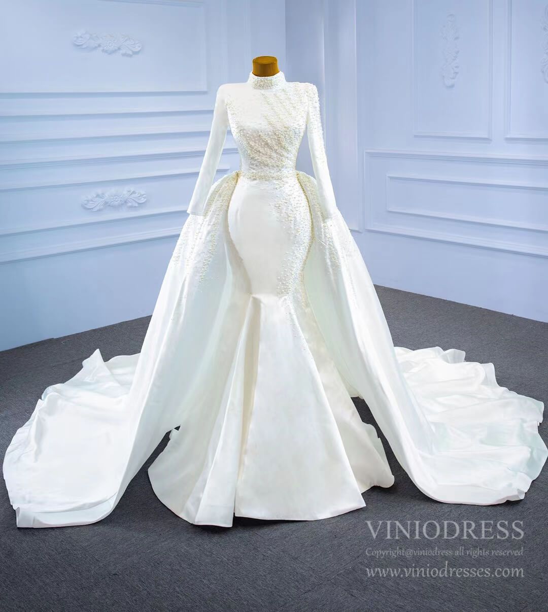 Long Sleeve High Neck Mermaid Wedding Dresses Removable Train 67248-wedding dresses 2025 -Viniodress-Ivory-Custom Size-