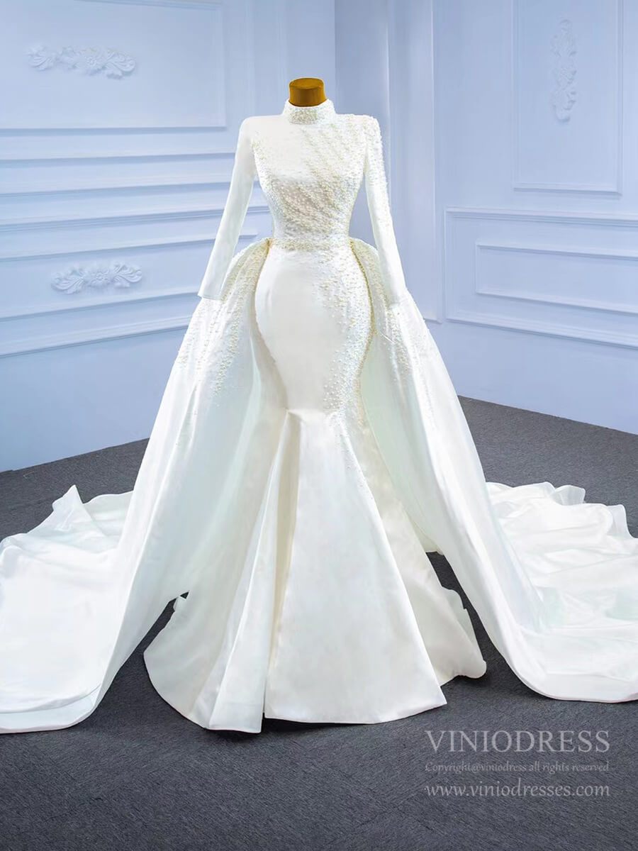 Long Sleeve High Neck Mermaid Wedding Dresses Removable Train 67248-wedding dresses 2025 -Viniodress-Ivory-Custom Size-