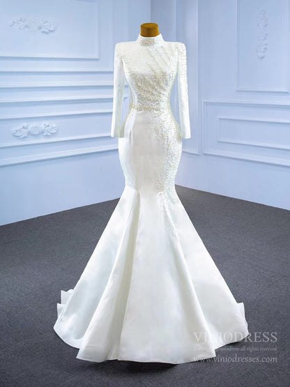 Long Sleeve High Neck Mermaid Wedding Dresses Removable Train 67248-wedding dresses 2025 -Viniodress-Ivory-Custom Size-