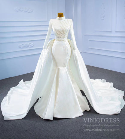 Long Sleeve High Neck Mermaid Wedding Dresses Removable Train 67248-wedding dresses 2025 -Viniodress-Ivory-Custom Size-