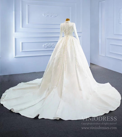 Long Sleeve High Neck Mermaid Wedding Dresses Removable Train 67248-wedding dresses 2025 -Viniodress-Ivory-Custom Size-