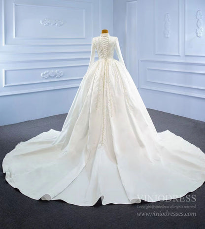 Long Sleeve High Neck Mermaid Wedding Dresses Removable Train 67248-wedding dresses 2025 -Viniodress-Ivory-Custom Size-