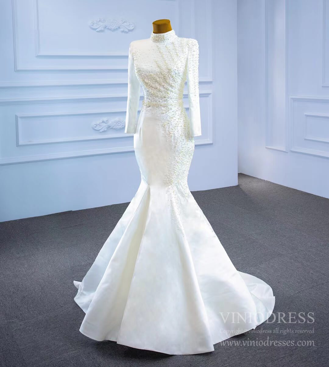 Long Sleeve High Neck Mermaid Wedding Dresses Removable Train 67248-wedding dresses 2025 -Viniodress-Ivory-Custom Size-