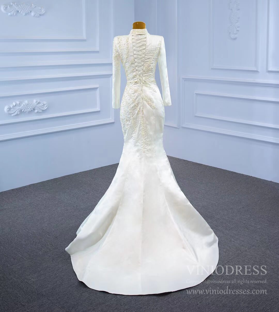 Long Sleeve High Neck Mermaid Wedding Dresses Removable Train 67248-wedding dresses 2025 -Viniodress-Ivory-Custom Size-