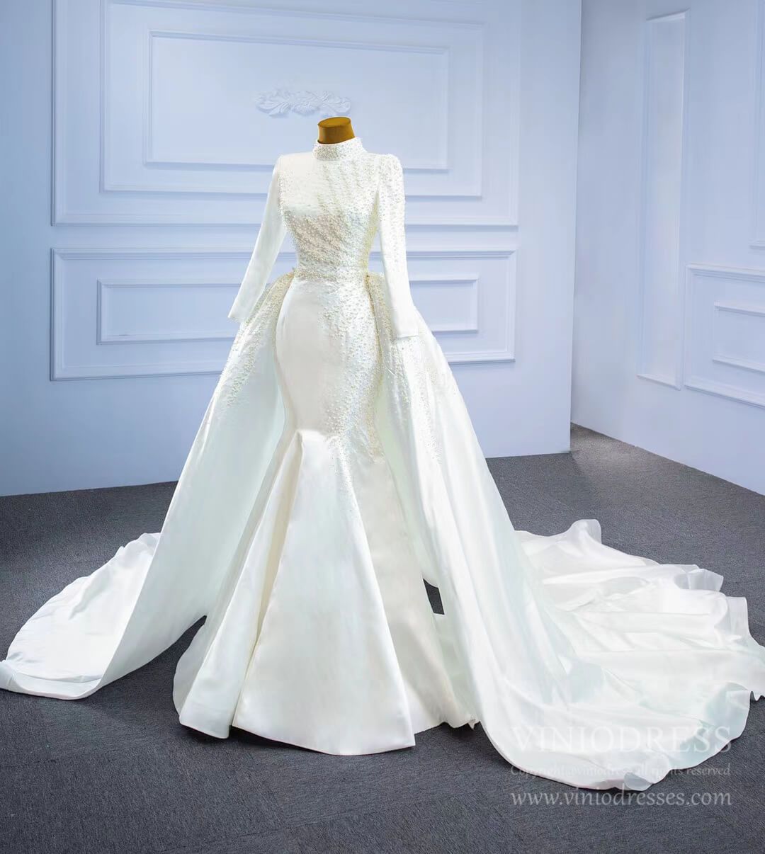 Long Sleeve High Neck Mermaid Wedding Dresses Removable Train 67248-wedding dresses 2025 -Viniodress-Ivory-Custom Size-