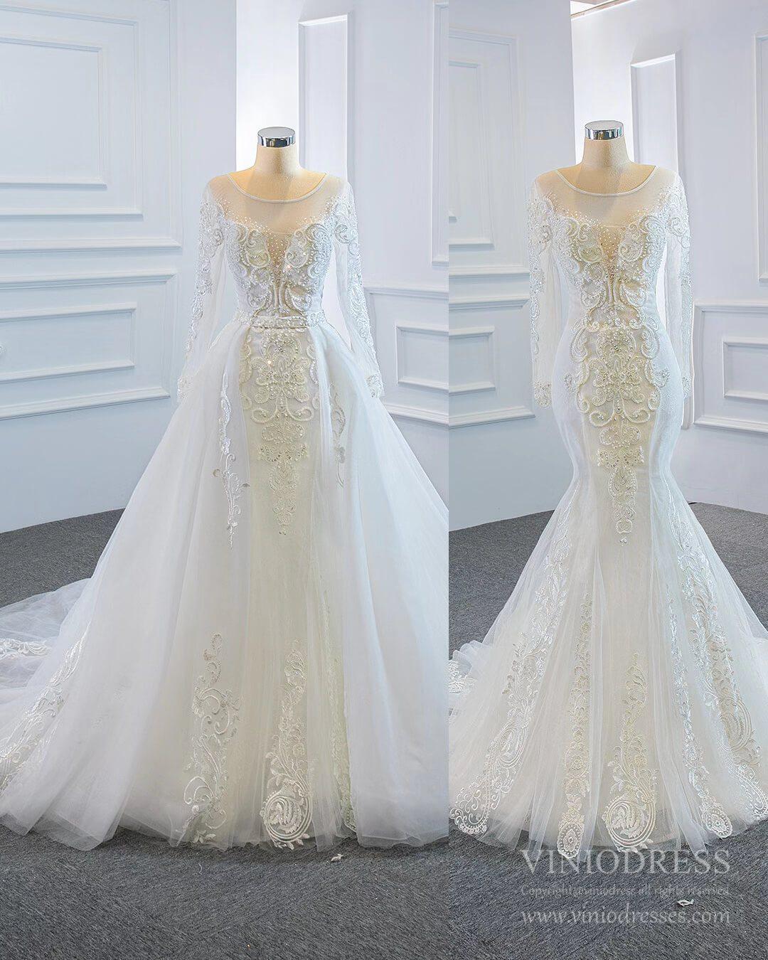 Long Sleeve Mermaid Lace Wedding Dresses Detachable Train VW1019-wedding dresses-Viniodress-Ivory-US 2-Viniodress