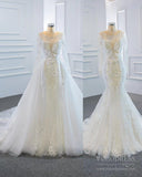 Long Sleeve Mermaid Lace Wedding Dresses Detachable Train VW1019