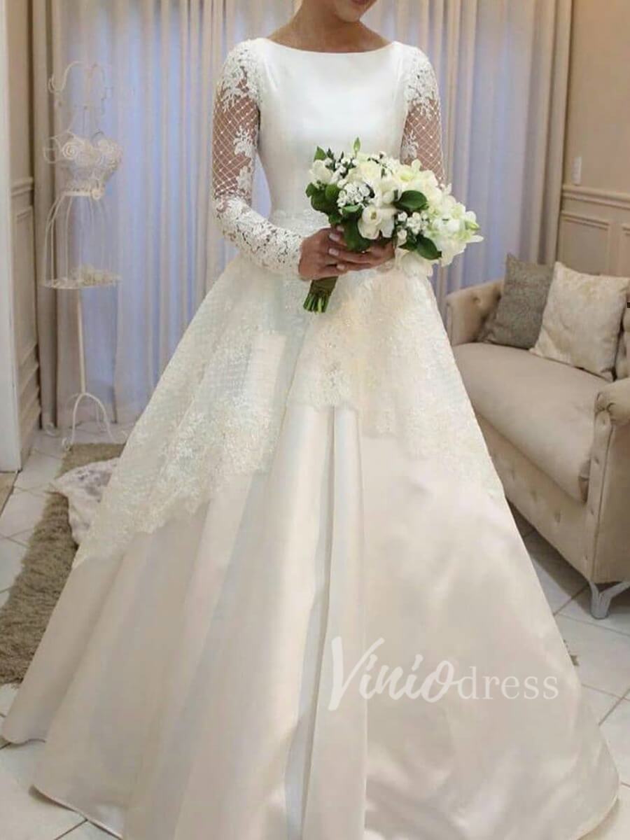 Off Shoulder V-Neck Long Sleeve Lace Overlay Wedding Dress With Train