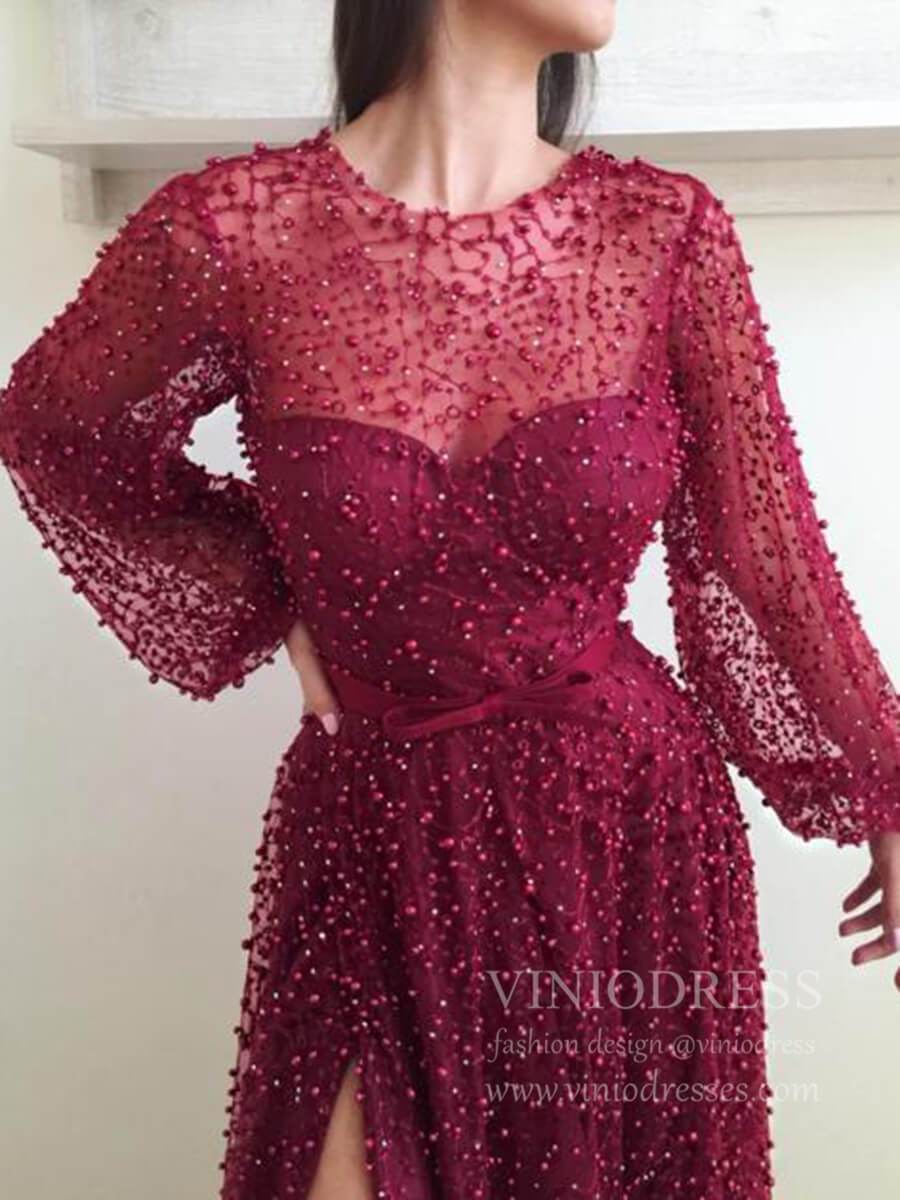 Long Sleeve Pearl Lace Burgundy Prom Dresses with Slit FD1717-prom dresses-Viniodress-Burgundy-Custom Size-Viniodress